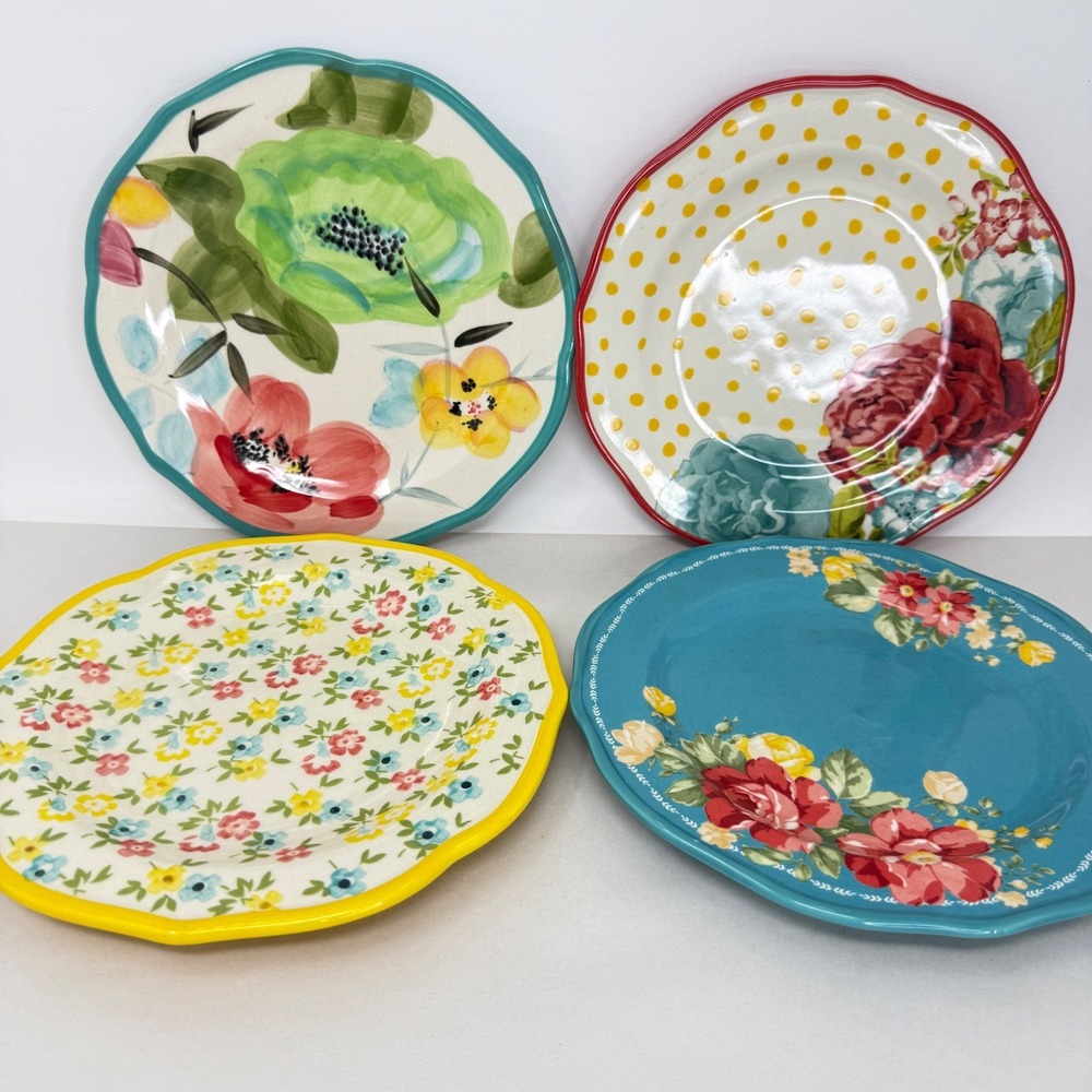 Pioneer Woman Salad Plates Set of 4 Assorted Floral Scalloped Stoneware 8.5in